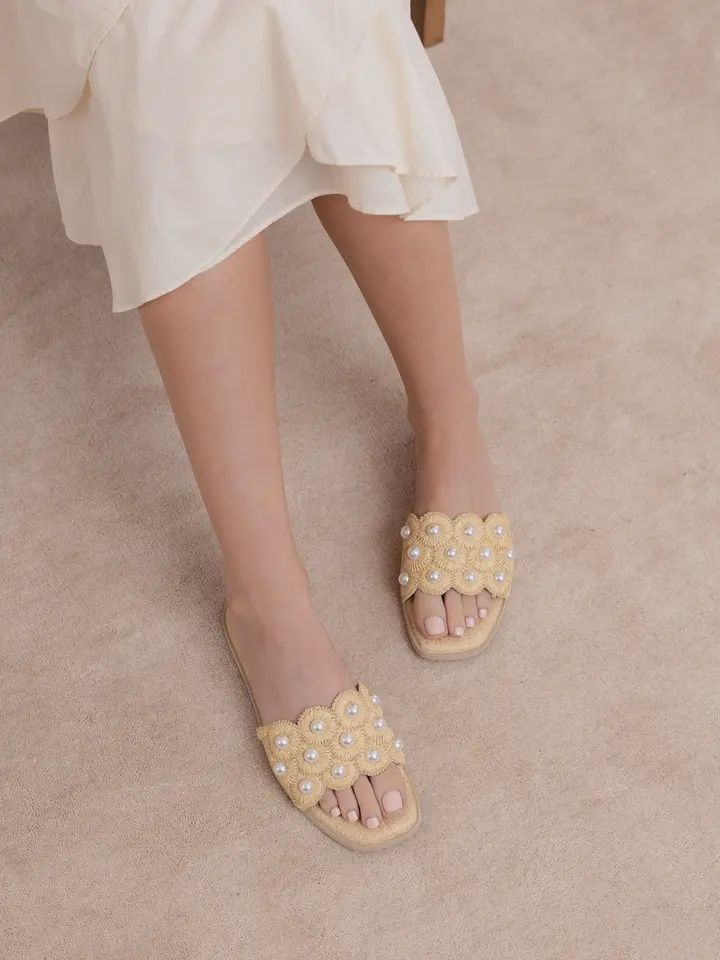 The Cathleen | Natural Pearl Raffia Slide Sandal