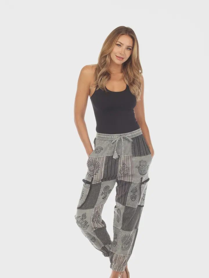 Cotton Zip Pocket Block Print Earth Tone Yoga Pant D898