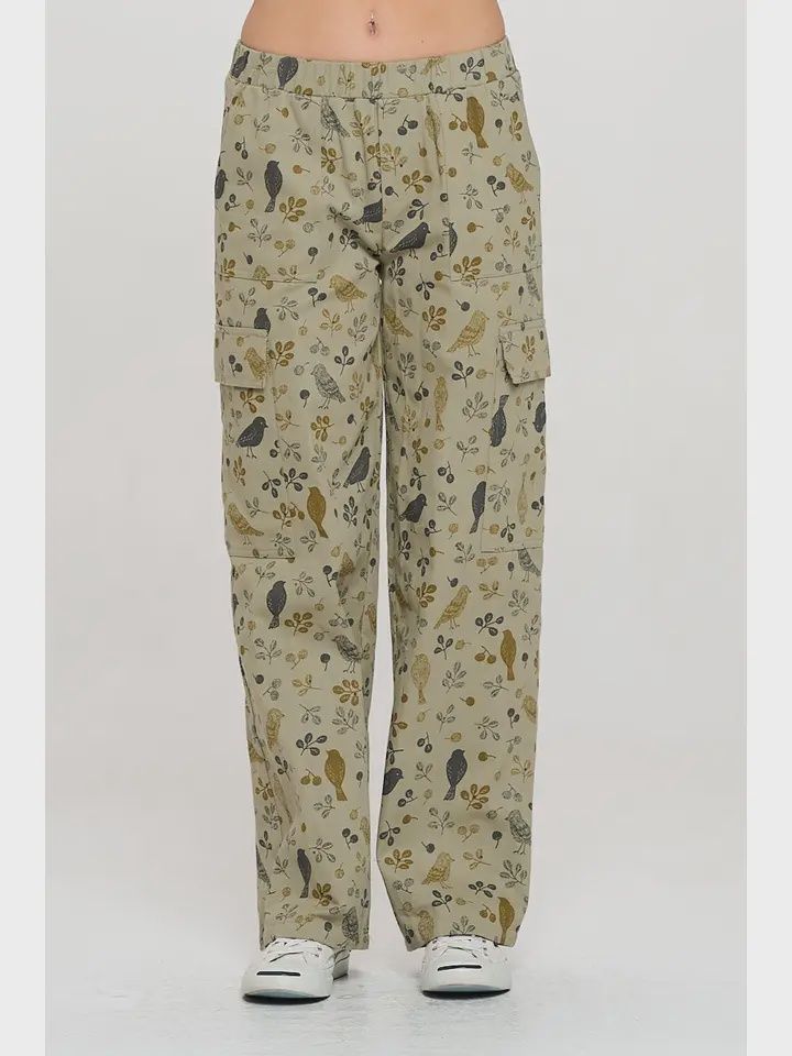 Bird Floral Print Cargo Pants
