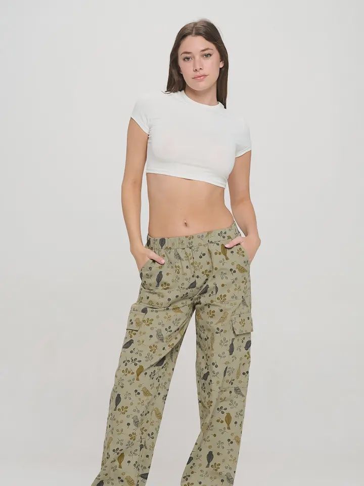 Bird Floral Print Cargo Pants