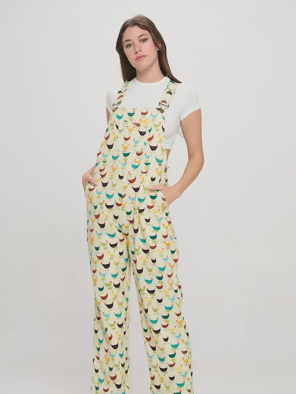 Colorful Rooster Print Cotton Overall