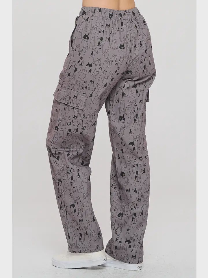 Cat Print Cargo Pant Grey