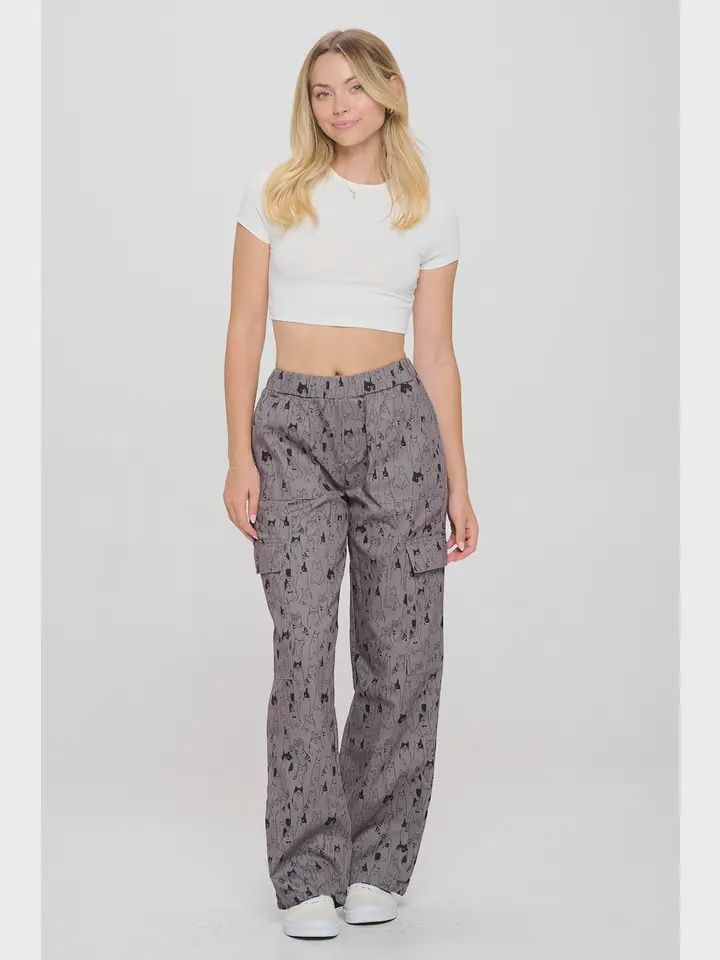 Cat Print Cargo Pant Grey
