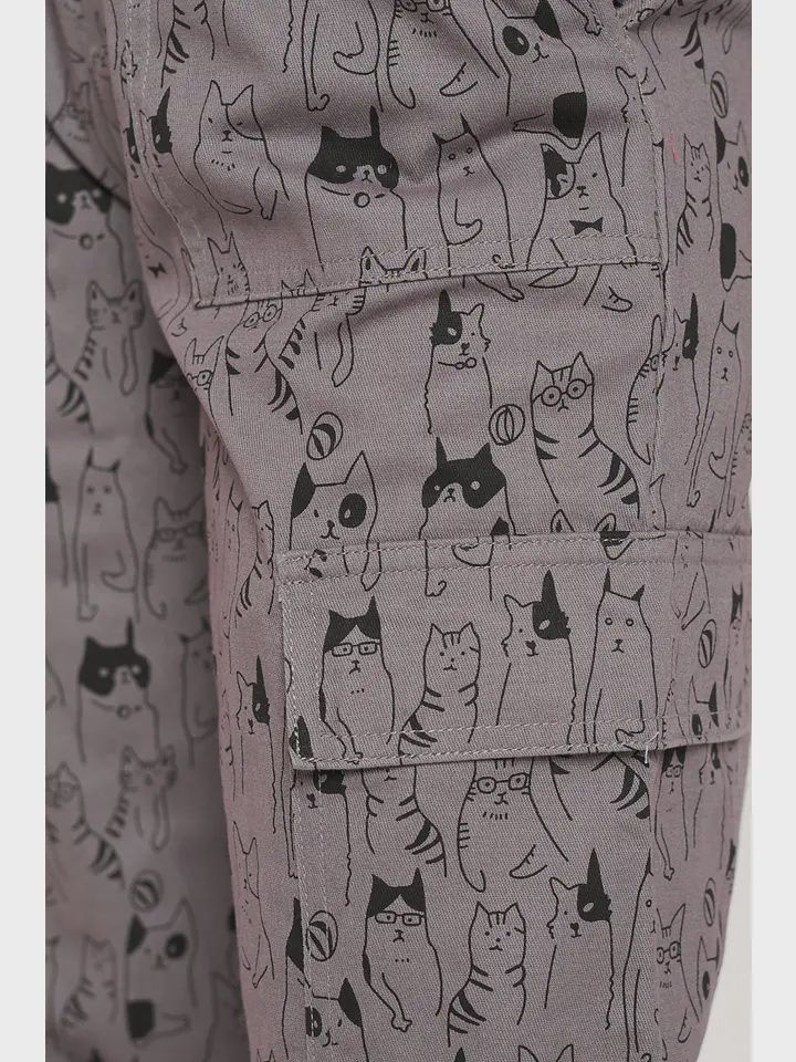 Cat Print Cargo Pant Grey