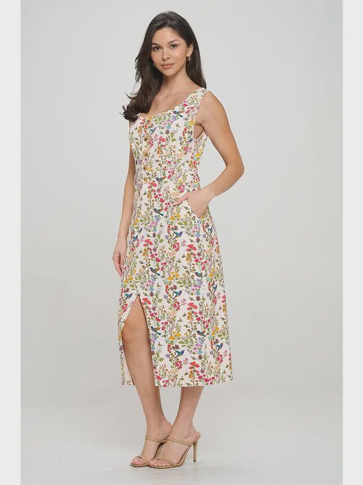 Floral Hummingbird Print Midi Dress