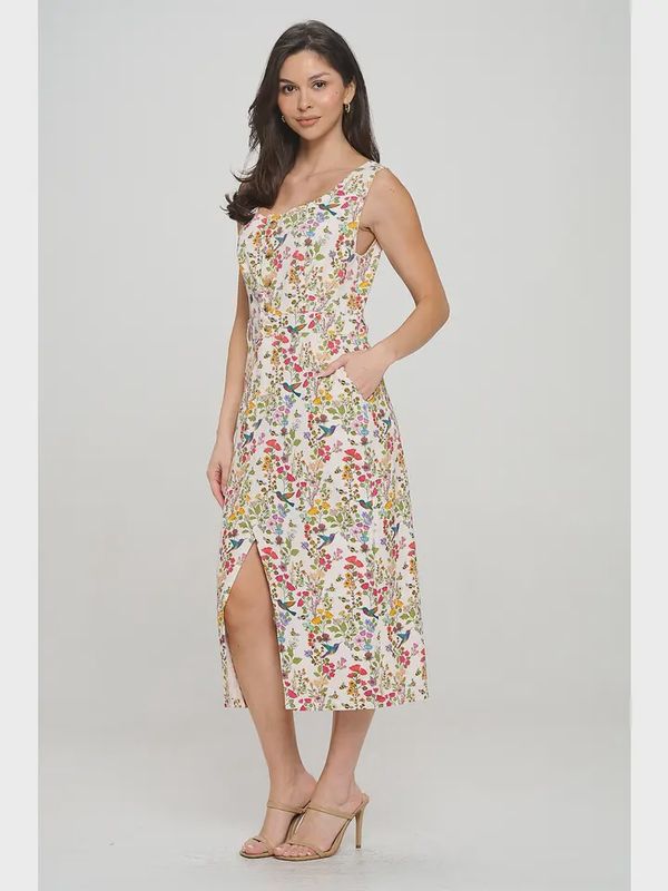 Floral Hummingbird Print Midi Dress