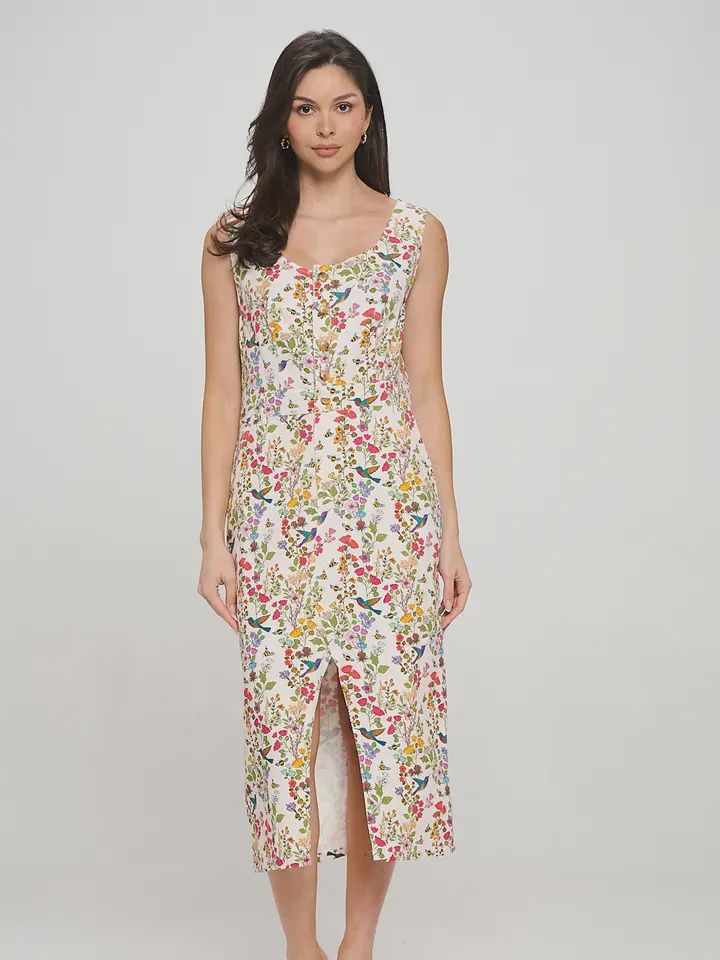 Floral Hummingbird Print Midi Dress