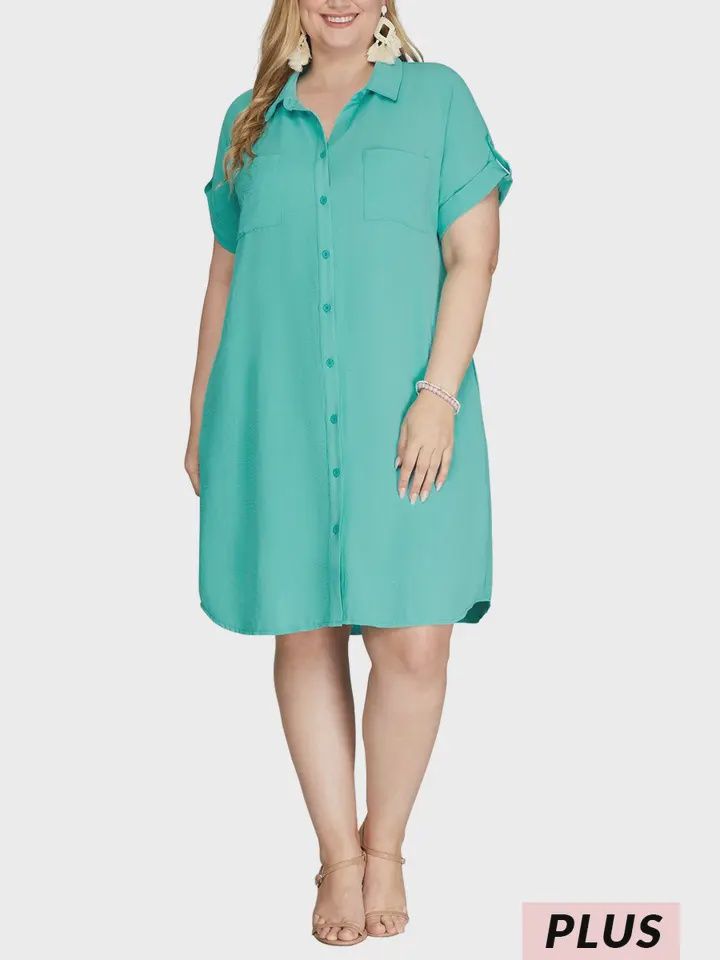 Plus Drop Shoulder Button Up Woven Shirt Dress