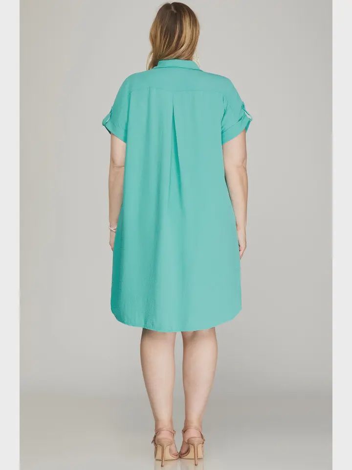 Plus Drop Shoulder Button Up Woven Shirt Dress