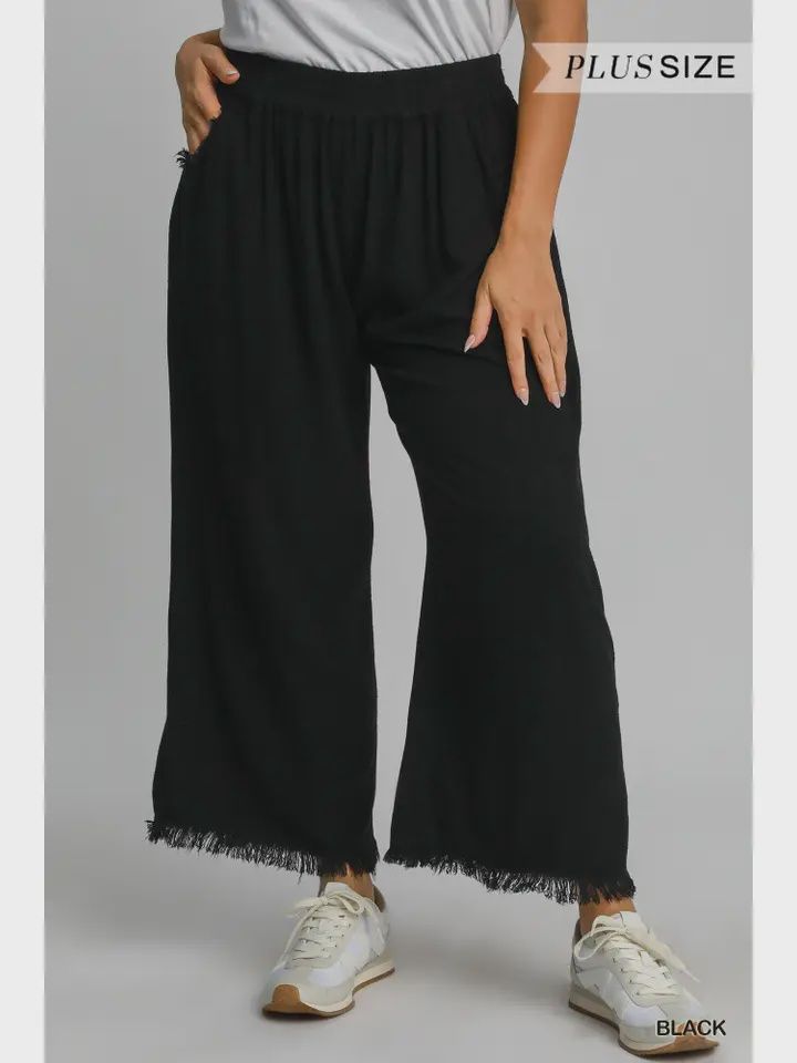 Plus Linen Blend Frayed Hem Wide Leg Pants