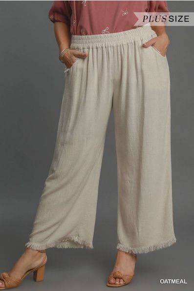 Plus Linen Blend Frayed Hem Wide Leg Pants