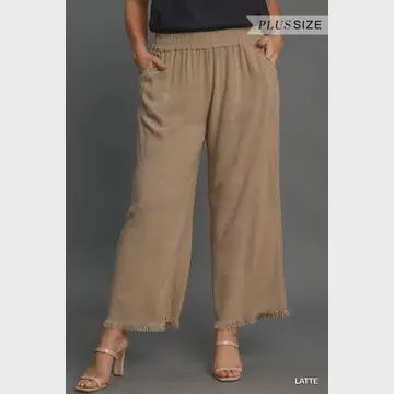 Plus Linen Blend Frayed Hem Wide Leg Pants