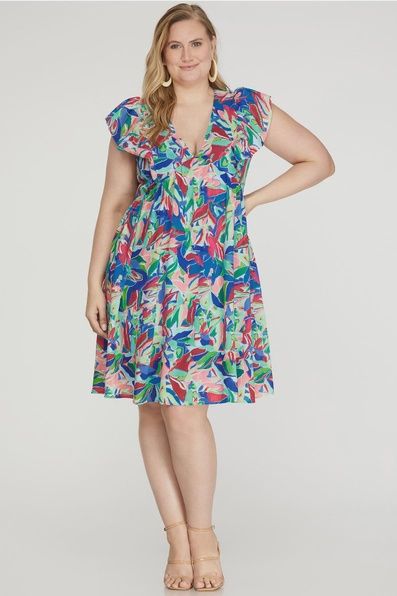 Plus V Neck Ruffle Shoulder Print Dress