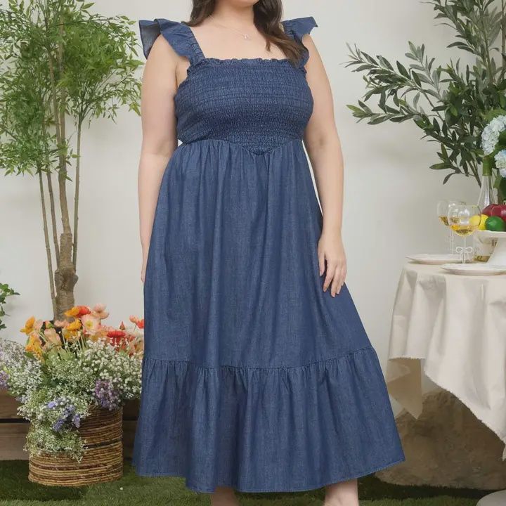 Plus Dark Denim Ruffle Strap Smocked Midi Dress