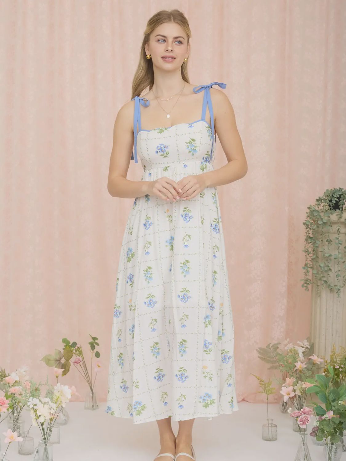 Plus Floral Tile Pattern Tie Strap Midi Dress