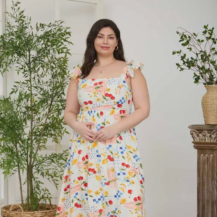 Plus Picnic Motif Ruffle Strap Maxi Dress