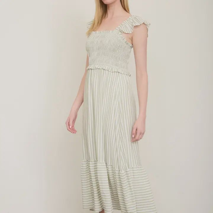Plus Stripe Smocked Ruffle Trim Midi Dress