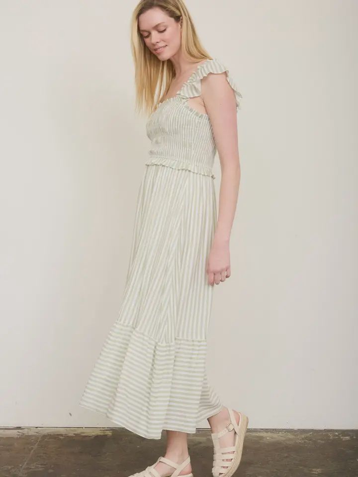 Plus Stripe Smocked Ruffle Trim Midi Dress