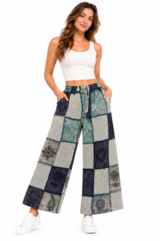 Cotton Multi Patchwork Block Print Palazzo Pant D1270