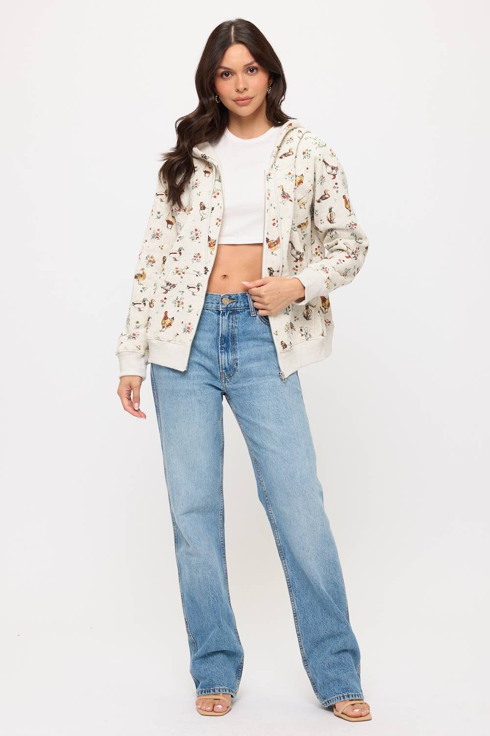 DUCKS AND CHICKENS FLORAL PRINT ZIP UP HOODIE