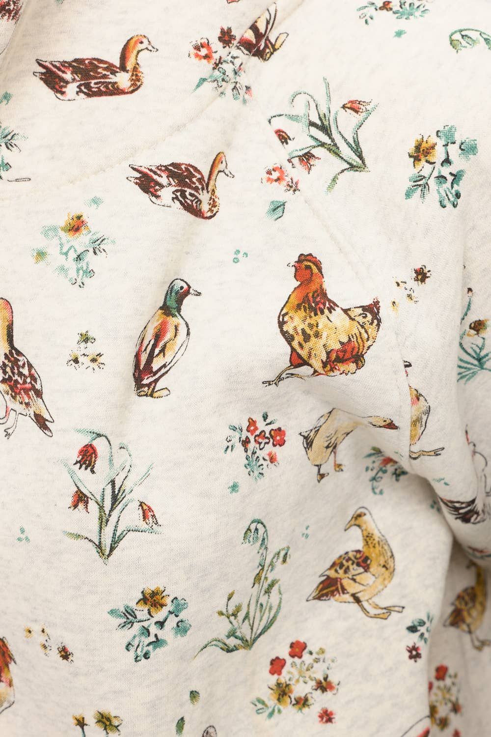 DUCKS AND CHICKENS FLORAL PRINT ZIP UP HOODIE