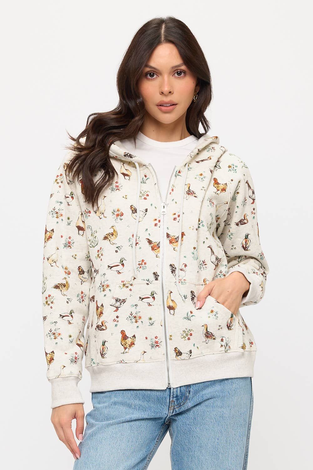DUCKS AND CHICKENS FLORAL PRINT ZIP UP HOODIE