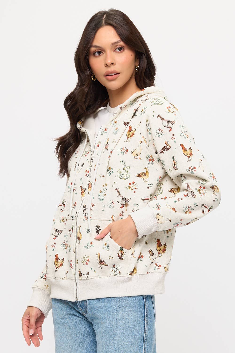 DUCKS AND CHICKENS FLORAL PRINT ZIP UP HOODIE