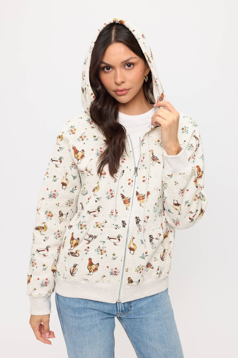 DUCKS AND CHICKENS FLORAL PRINT ZIP UP HOODIE