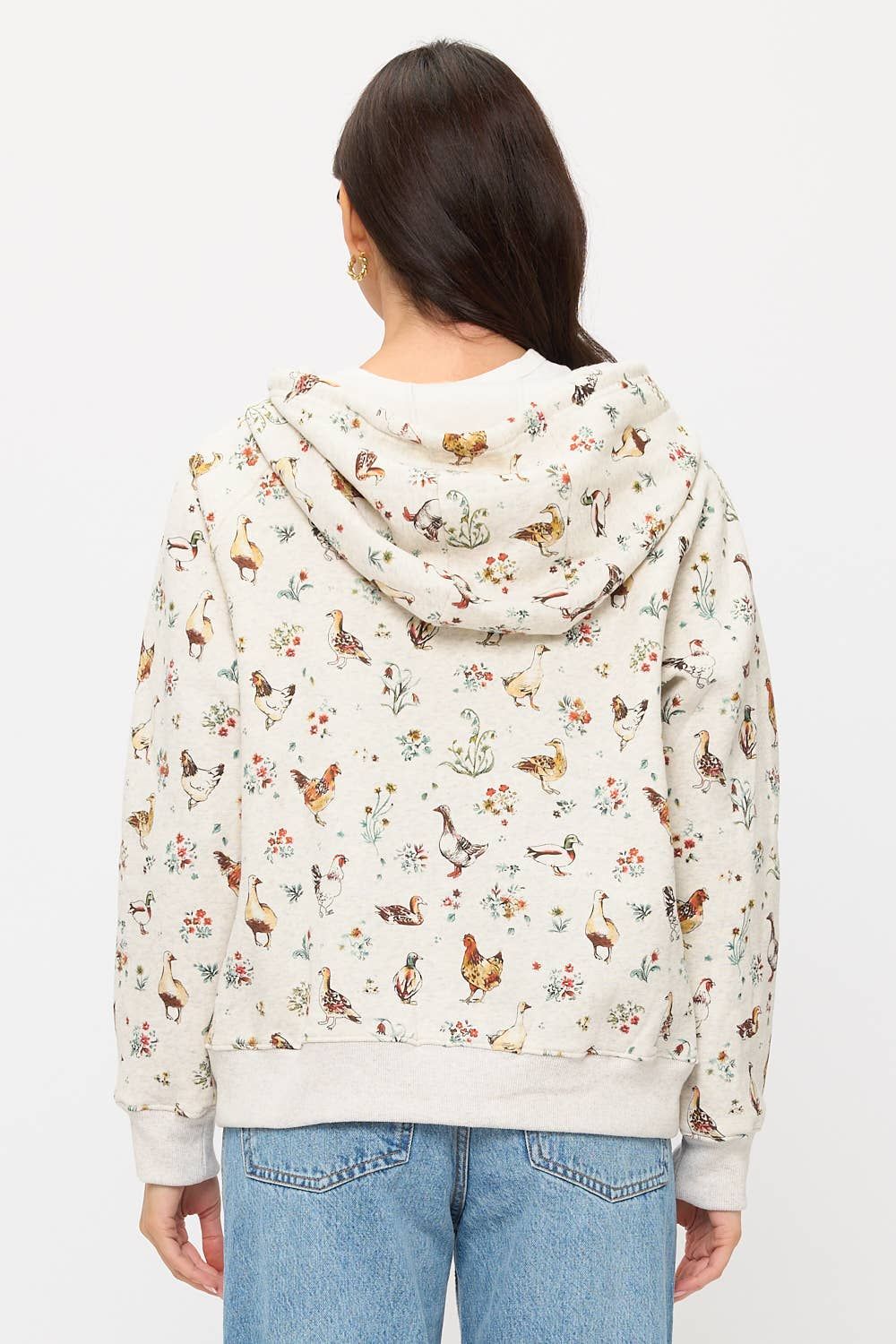 DUCKS AND CHICKENS FLORAL PRINT ZIP UP HOODIE