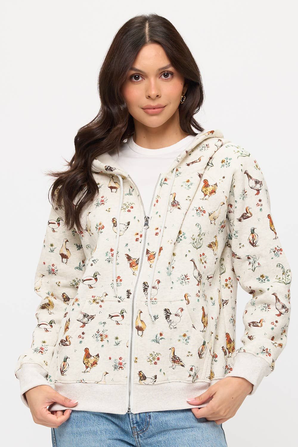 DUCKS AND CHICKENS FLORAL PRINT ZIP UP HOODIE, Size: L