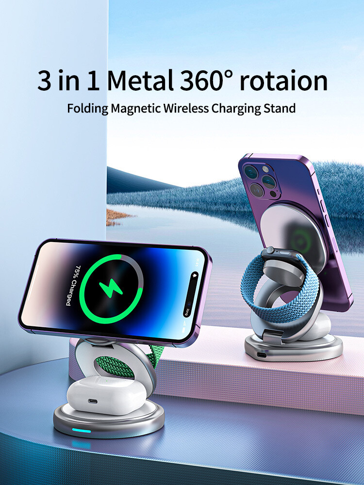 3 in 1 Metal Fordable Wireless Magnetic  Fast Charging Station