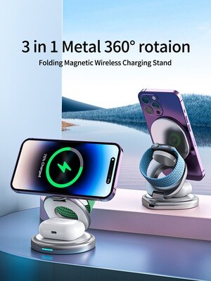 3 in 1 Metal Fordable Wireless Magnetic  Fast Charging Station