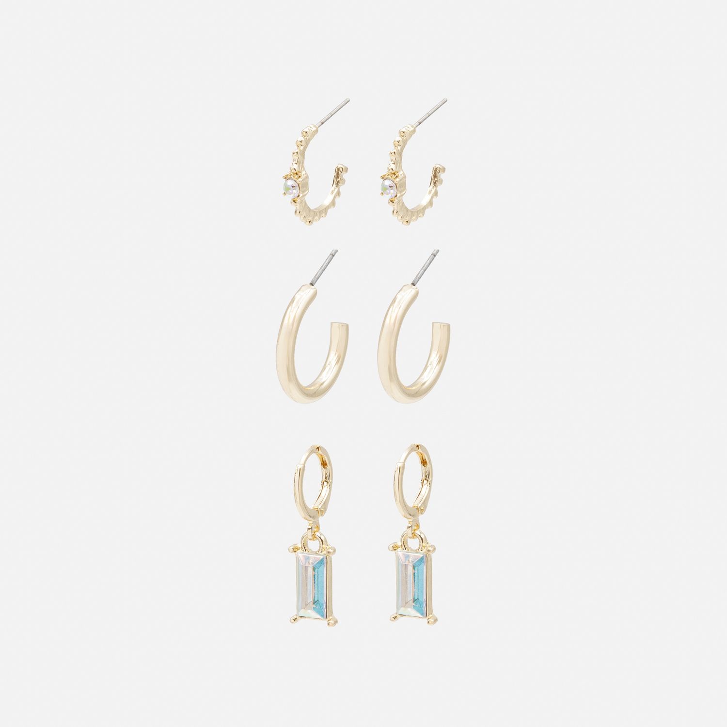 Trio de boucles d&#39;oreilles anneaux dorés avec pierres irisées