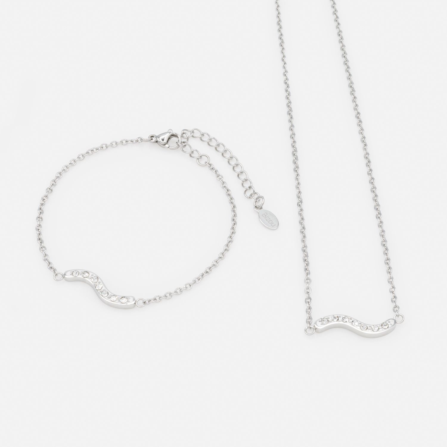 Collier et bracelet argentés vague de zircons cubiques en acier inoxydable