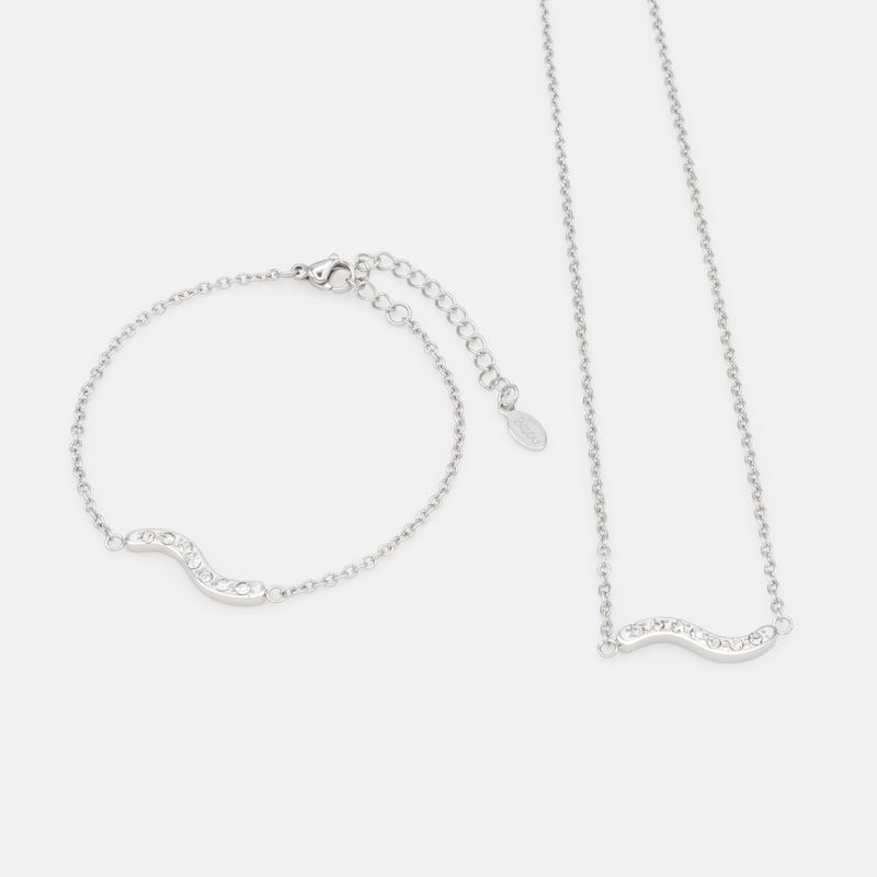 Collier et bracelet argentés vague de zircons cubiques en acier inoxydable