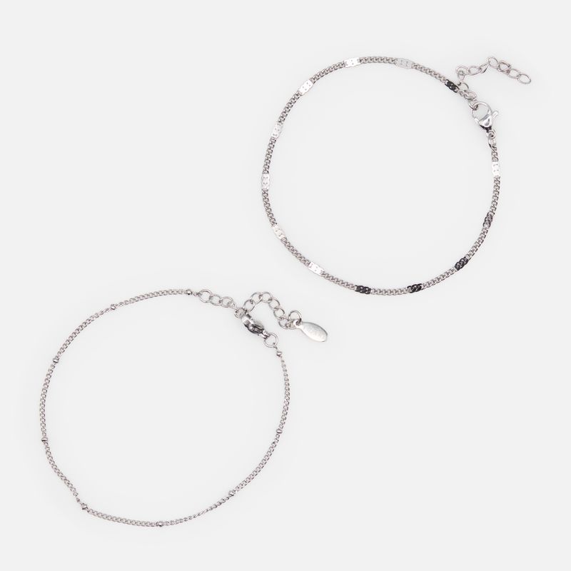 Bracelets argentés billes et insertions plates en acier inoxydable