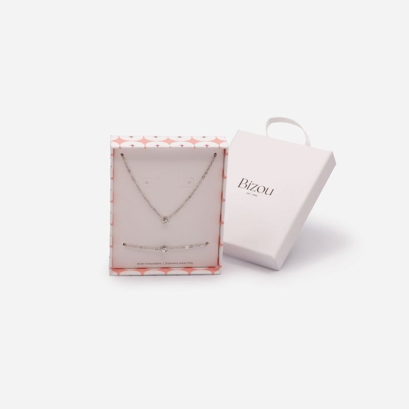 Collier et bracelet argentés avec zircon en acier inoxydable