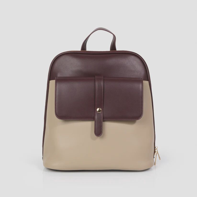 Sac à dos bourgogne &amp; beige en PU lisse