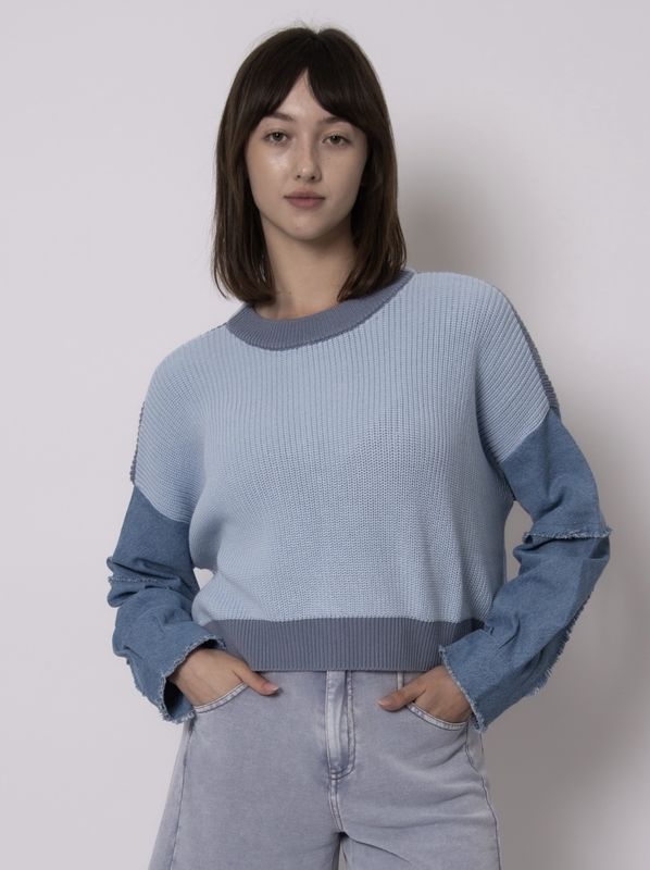 Rumer Long Sleeve Denim Combo Pull Over - Blue