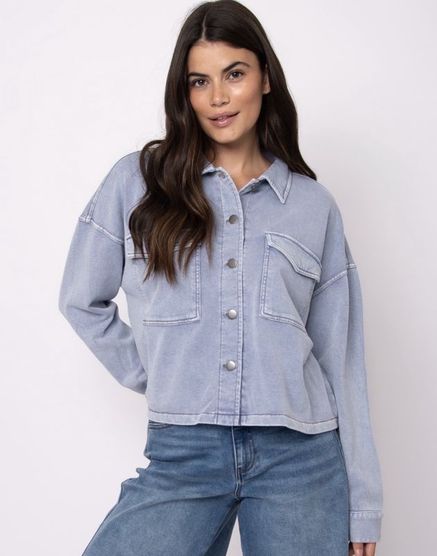 Nara Denim Look French Terry LS Button Up Jacket - Lt Ash Blue