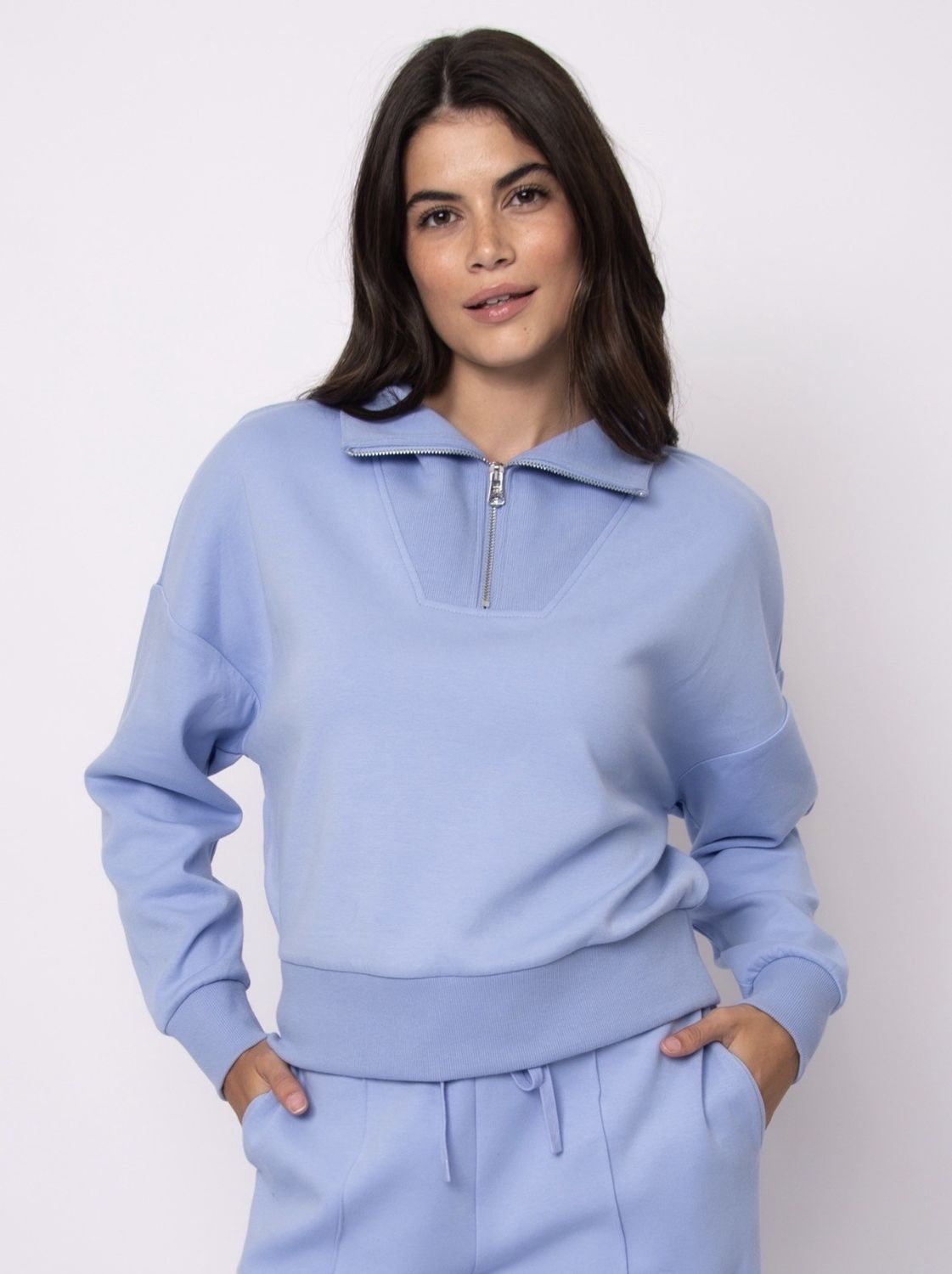 Seanni Cotton Soft Knit Ls Half Zip Top - Perri Blue