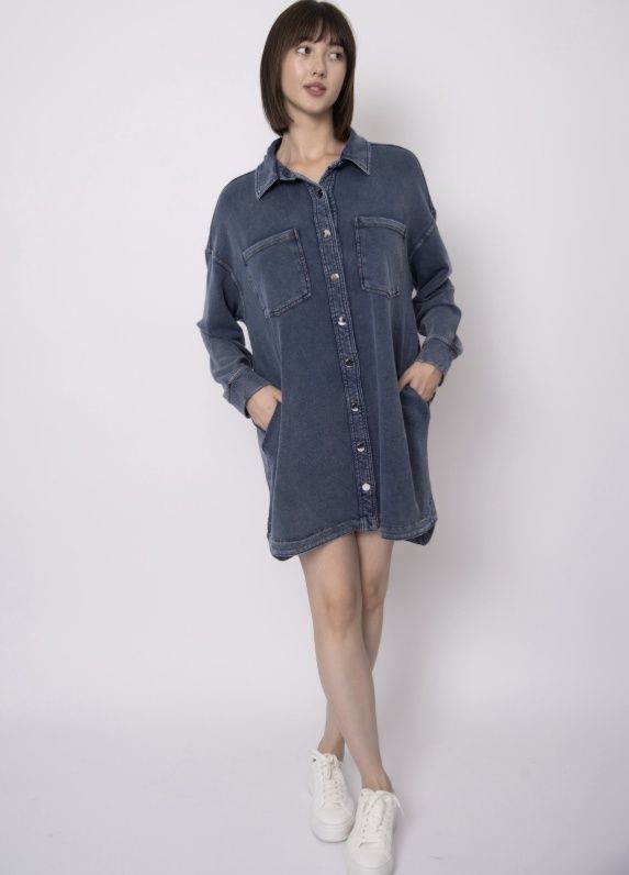 Tiffany Denim Look French Terry Ls Mini Shirt Dress - Denim Blue