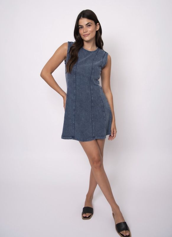 Radia Denim Look French Terry Slvless A-line Mini Dress - Denim Blue