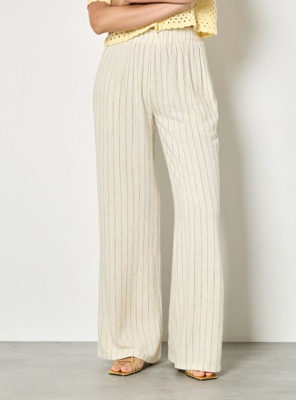 Apricot Pinstripe Linen Wide Leg Trouser - Stone