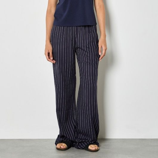 Apricot Pinstripe Linen Wide Leg Trouser - Navy