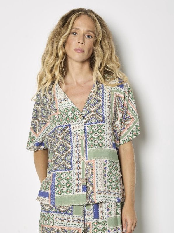Apricot Scarf Print Button Front Top - Stone