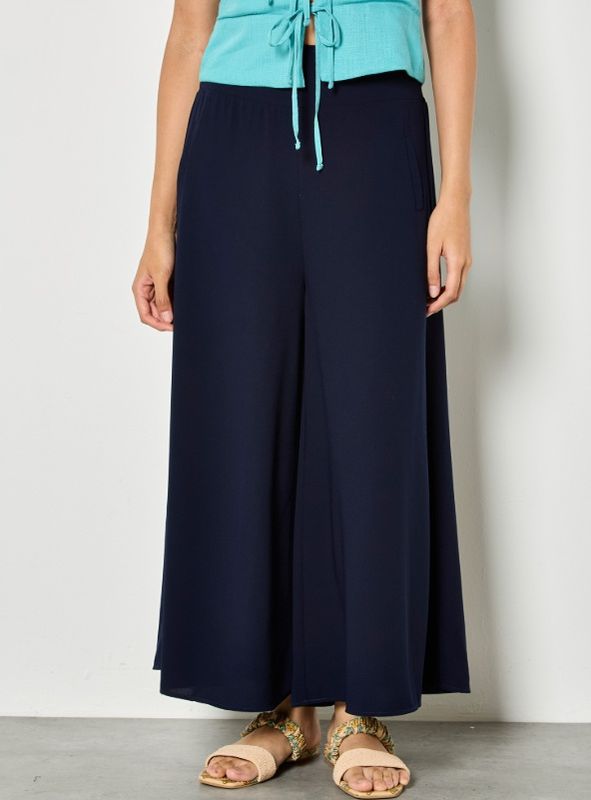 Apricot Big Waistband Fluid Wide Leg Trousers - Navy