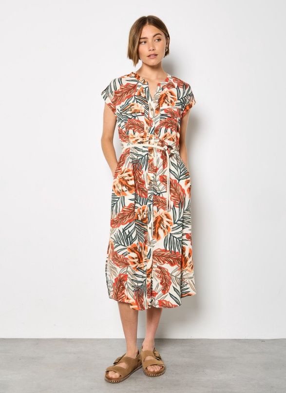 Apricot Painted Banana Leaf Dress - Khaki