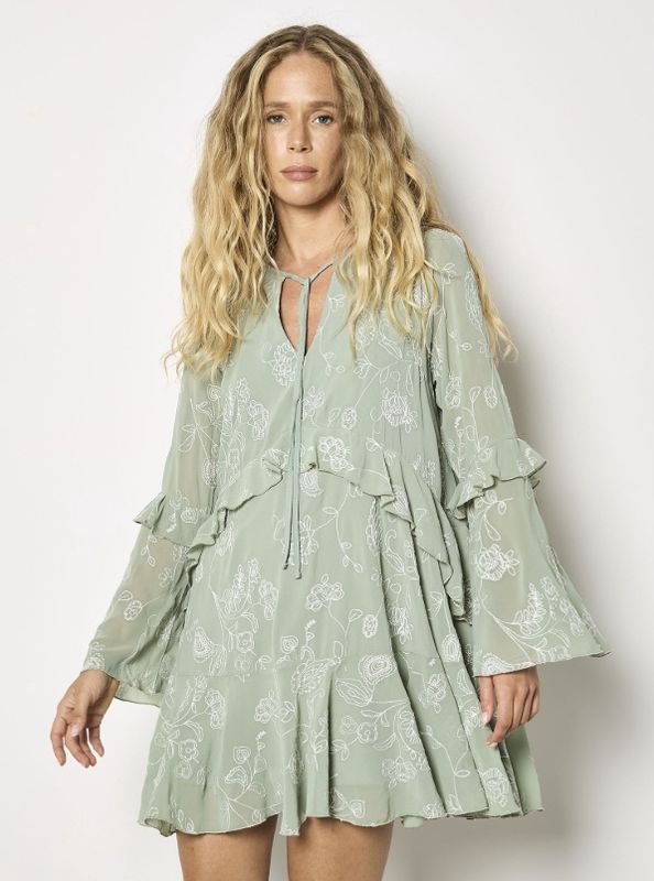 Apricot Paisley Embroided Boho Dress - Mint