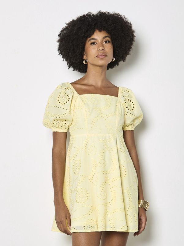 Apricot Sq Neck Broderie Tie Back Dress - Yellow